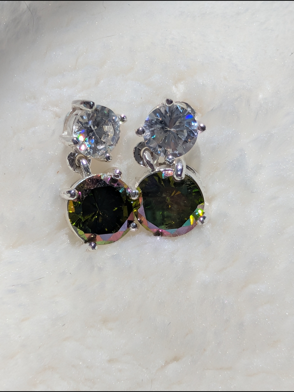 Silver Drop Earrings with Clear and Green Stones